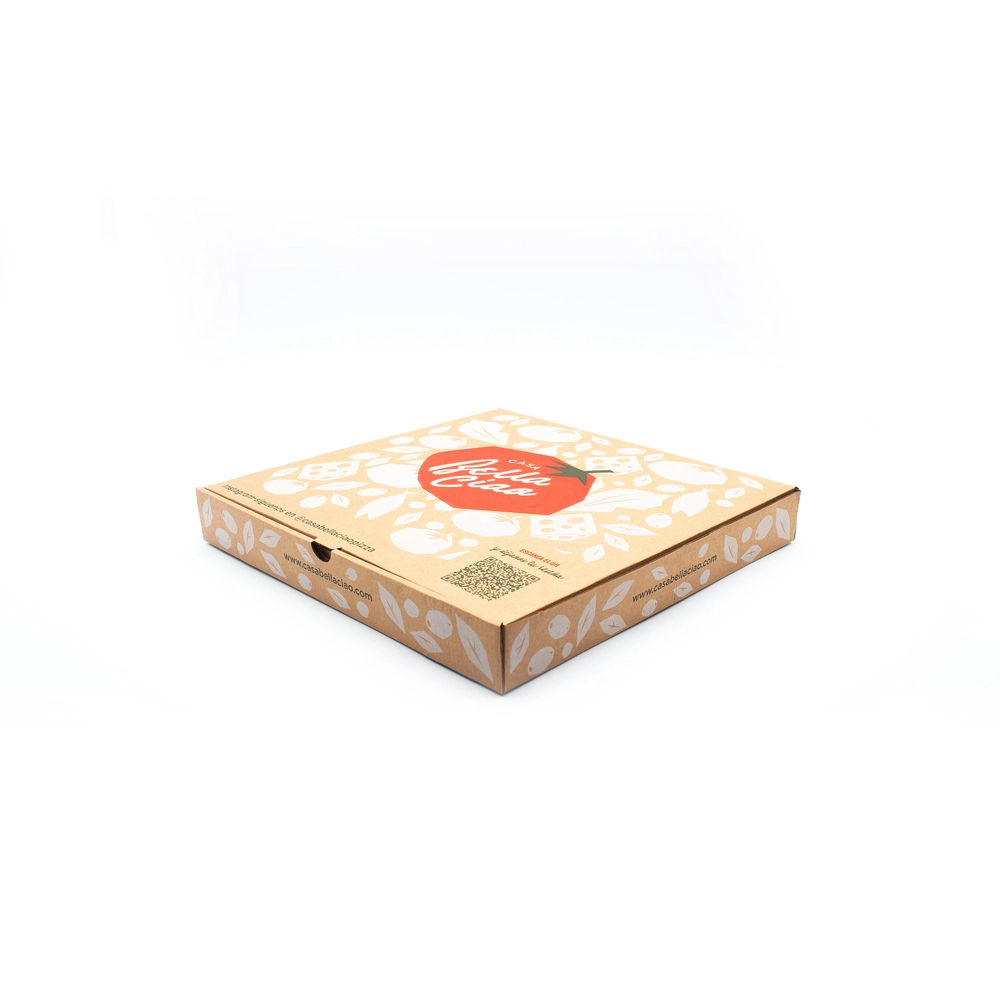 Cuadrada kraft con dibujo en blanco y el logo en rojo